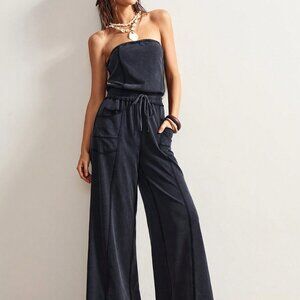Black Casual Women's Knit Jumpsuit With Pockets And Drawstring